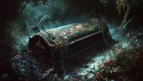 Ornate stone coffin in overgrown enchanted forest graveyard.