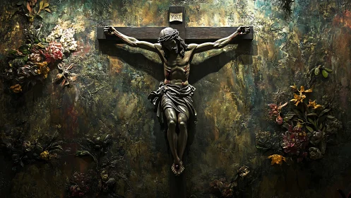 Photorealistic crucifixion relief with florid textured backdrop.