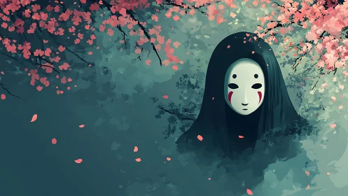 Masked cloaked figure emerges amid stylized sakura canopy and mist