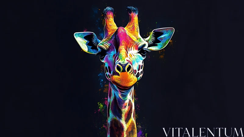 Multicolored giraffe portrait rendered on dark background