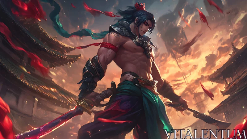 Warrior stands amid burning sky over ancient temples.