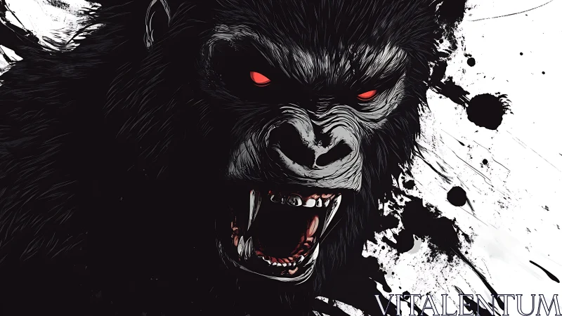 Snarling ink-splattered gorilla unleashed in brutal contrast.