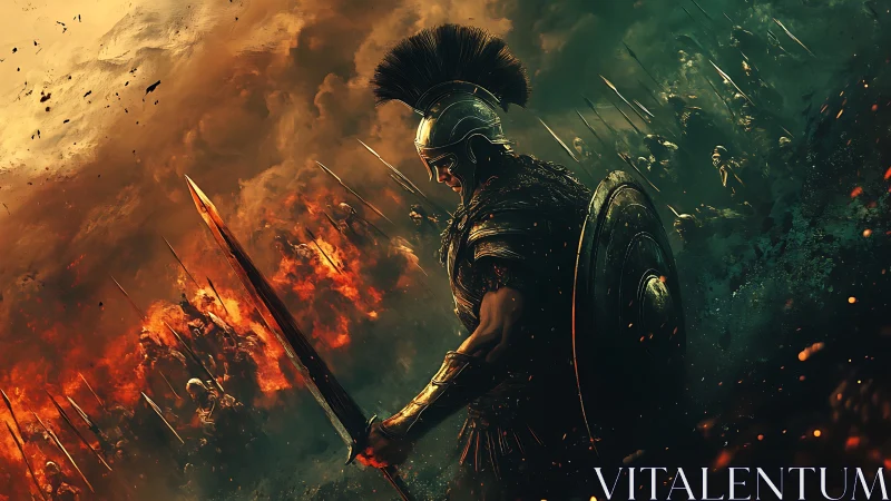 Fierce lone warrior steadies his shield amid blazing battle lines