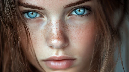Freckled blue-eyed portrait in intense close-up focus.