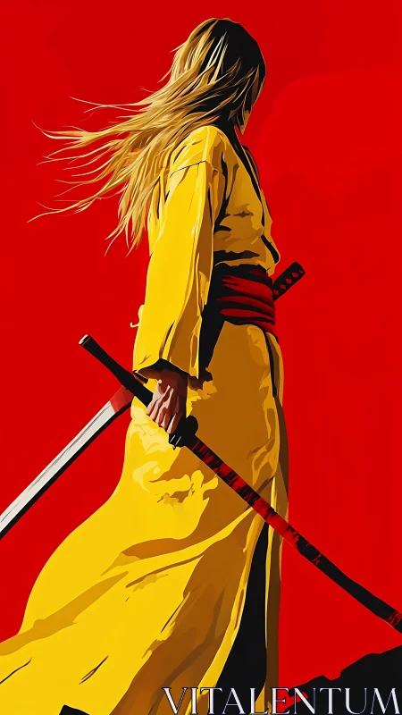 Woman in yellow robe holds katana against solid red background