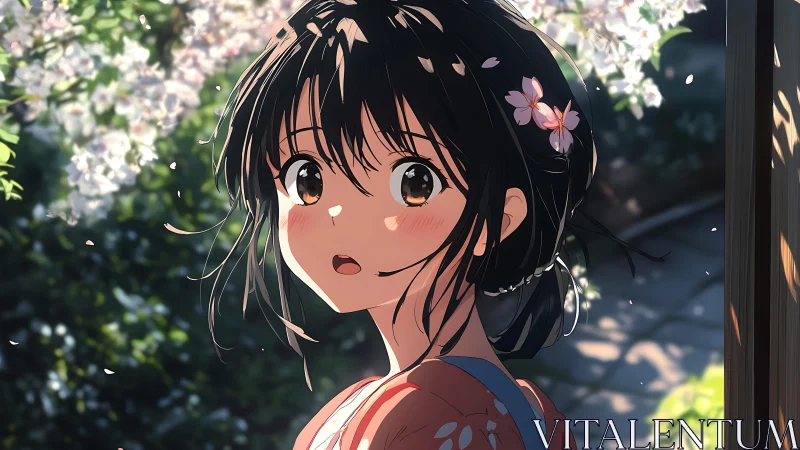 Anime spring portrait with blossom backlight composition.