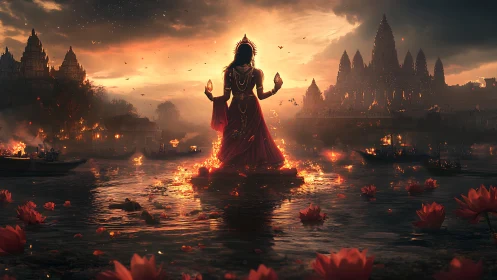 Divine river goddess rises amid burning lotus-lit temples