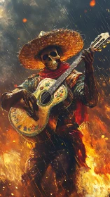 Fiery skeletal guitarist strumming bold desert melodies.