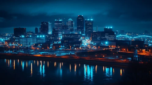 Midnight city skyline glows softly over calm reflective water