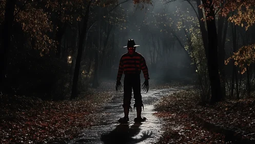 Horror figure stands on wet forest path at night in fog