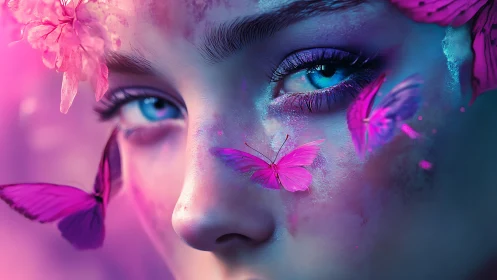 Surreal portrait merges neon butterflies with crystal gaze.