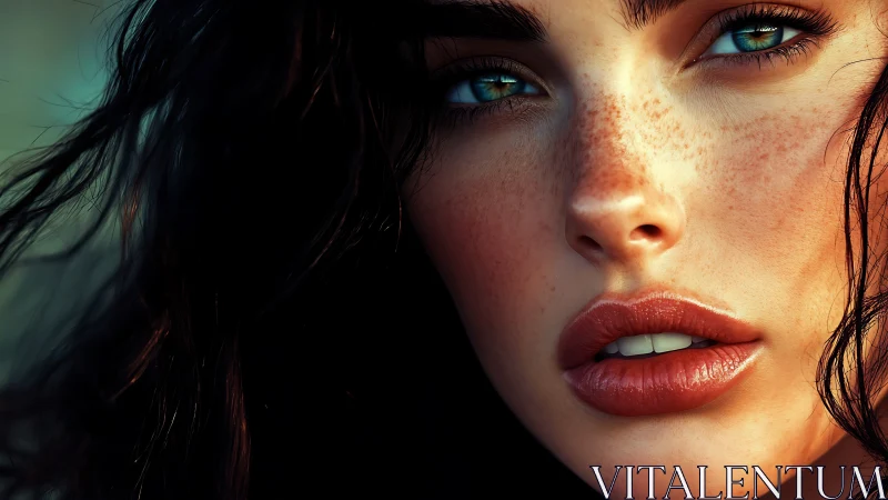 Close cropped portrait of freckled woman with green eyes.