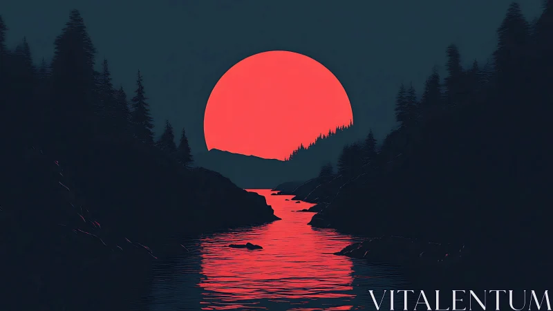 Crimson sun floods forest canyon river with neon reflection.