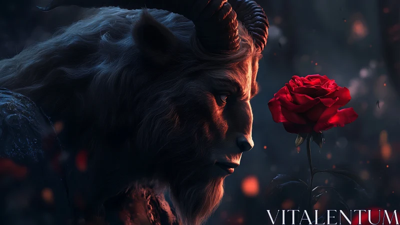 Cinematic side-lit horned beast studies vivid red rose bloom
