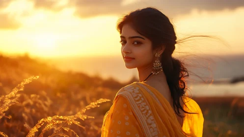Elegant woman in yellow saree at sunset, cinematic portrait style.