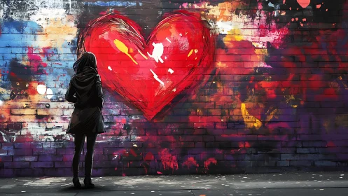 Figure Observing Large Red Heart on Mural Wall