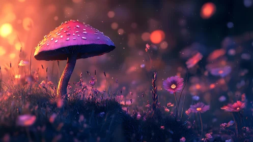 Digital painting of luminous mushroom in nocturnal meadowscape.