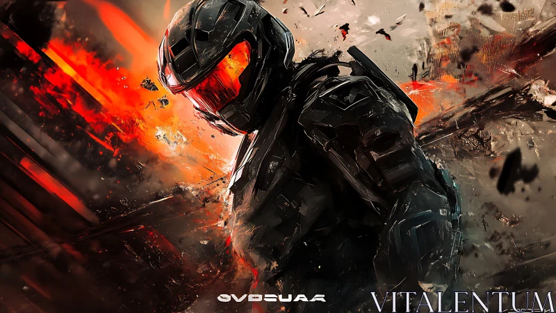 Ember-visored space trooper striding through orbital firestorm.