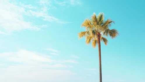 Single Tall Palm Tree Against Clear Blue Sky, Minimalist Style.