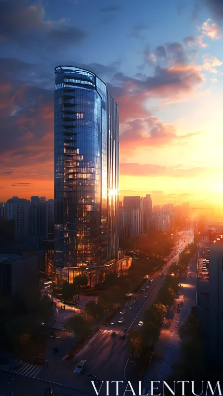 Sunlit glass skyscraper crowns a bustling city at dusk.