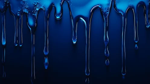 3D luminous blue liquid drips on dark gradient backdrop.