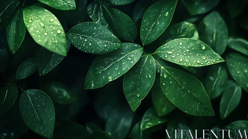 Closeup of glossy green leaves covered in fresh raindrops.