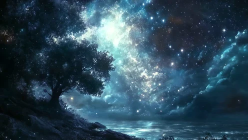 Starlit shoreline dreaming beneath a luminous cosmic river.