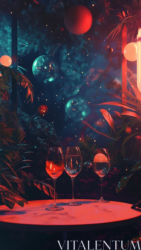 Chromatic wine glasses under neon cosmic garden lighting