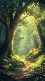 Forest pathway with luminous canopy and understory vegetation.