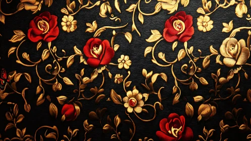 Crimson Blooms Dance Against Midnight Velvet Embroidery