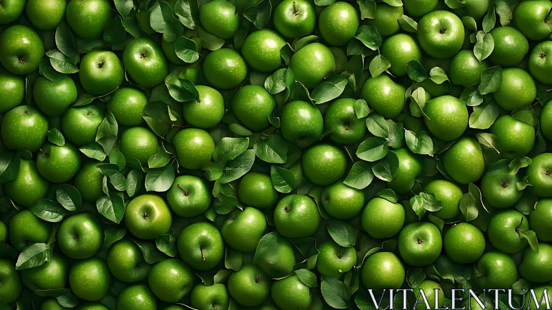 Lustrous green apples layered tightly with fresh foliage.
