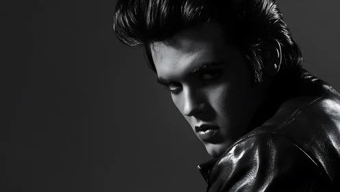 Moody monochrome portrait of brooding leather clad man.