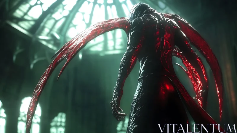 Bloodlit winged entity beneath shattered cathedral dome.