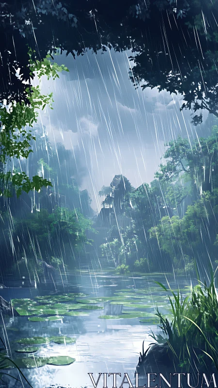 Rain-carved jungle pond hums quietly under silver curtains
