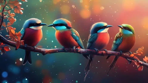 Four Colorful Birds on a Branch, Vibrant Digital Art Style.
