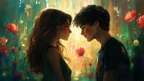 Two Figures Face to Face Among Red Flowers.