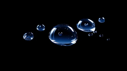 Midnight water droplets glow softly in a peaceful dark space