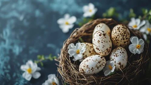 Speckled quail eggs rest in woven nest with white flowers.