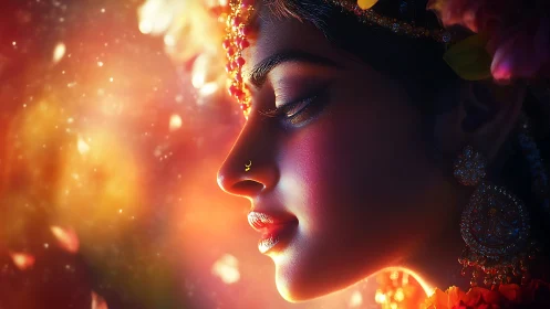 Profile portrait of adorned woman in warm glowing light.