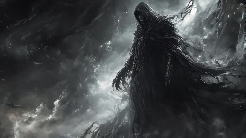 Mysterious hooded wraith walks through swirling storm clouds.