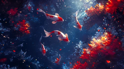 Digital koi pond composition with luminous foliage accents.