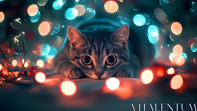 Luminous Cat Amid Glowing Bokeh Lights.