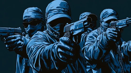 Armed masked squad aiming pistols in tense blue illustration.