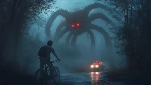 Fog-drenched forest road reveals colossal red-eyed tentacled entity