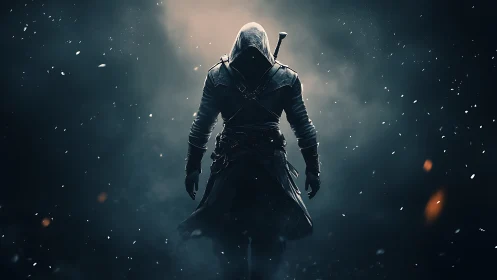 Hooded nightblade strides through embers and swirling ash.