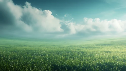Wide-angle grassy plain under volumetric clouds and soft haze