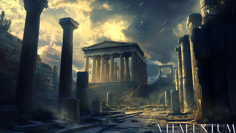 Digital painting of monumental ruined temple in dusk light.