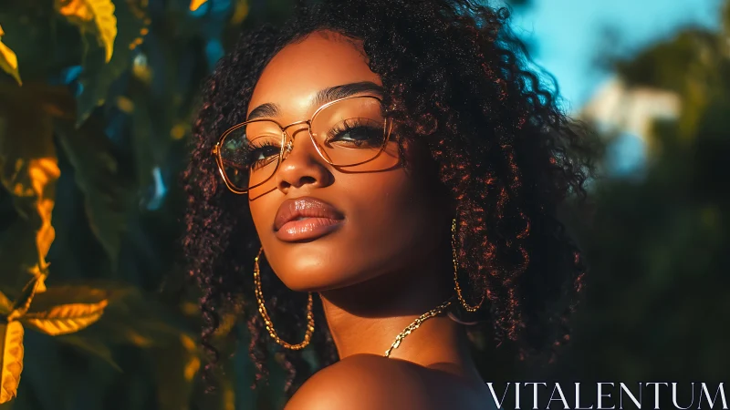 Portrait of woman with glasses in outdoor golden light.