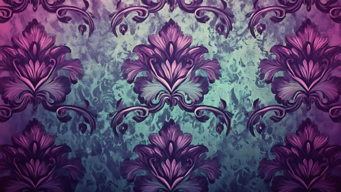 Baroque neon florals bloom across twilight damask walls.