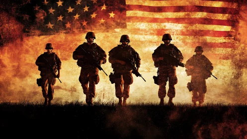 Silhouetted soldiers advance before distressed US flag field